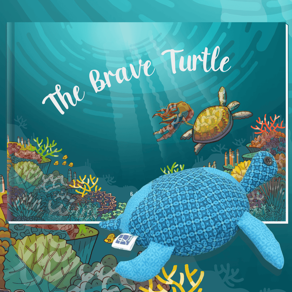 The Brave Turtle book by B. D. Harris and a soft toy of Neville