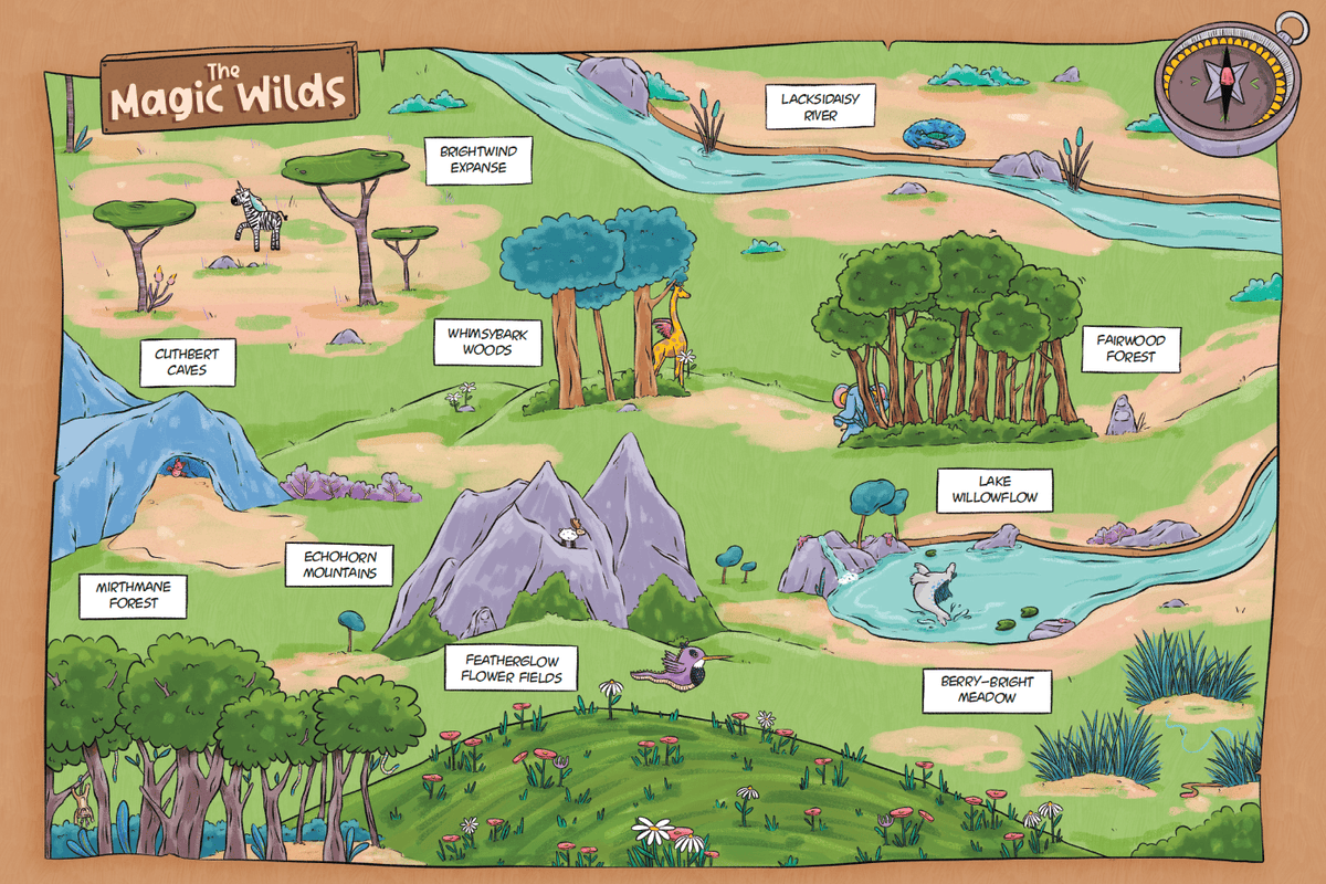 Illustrated map of the Magic Wilds showing Brightwind Expanse, Lacksidaisy River, Whimsybark Woods, Cuthbert Caves, Fairwood Forest, Lake Willowflow, Echohorn Mountains, Mirthmane Forest, the Featherglow Flower Fields and Berry-Bright Meadow