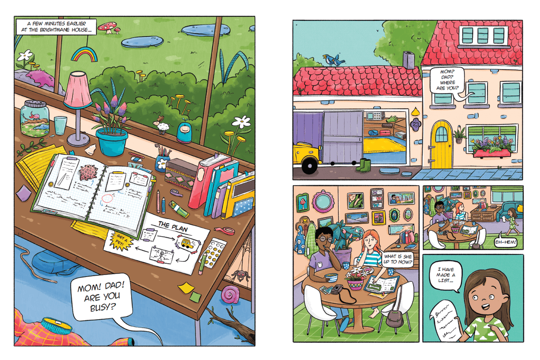 A spread from the book showing Tallulah's messy desk and her plan to get a pet